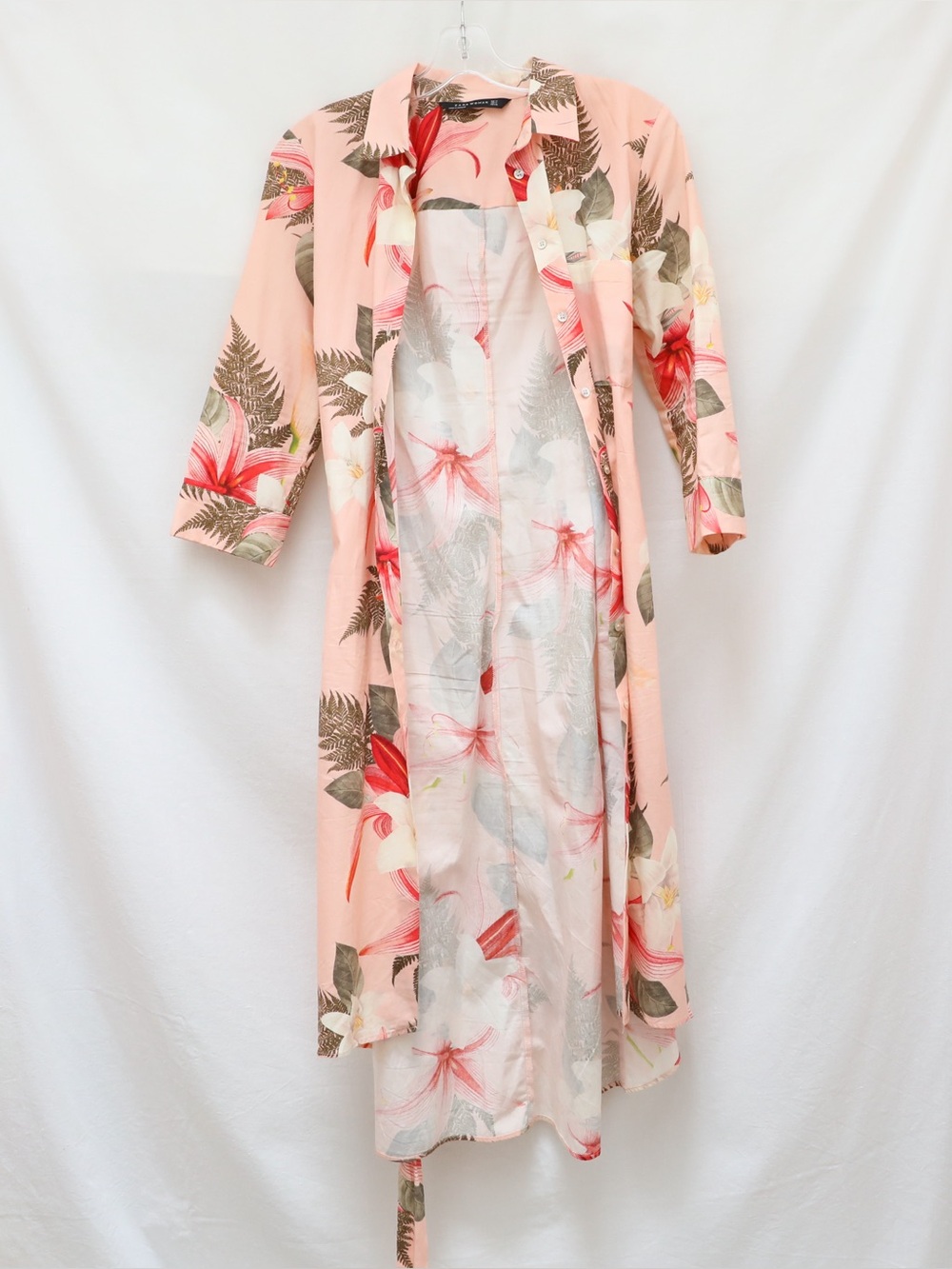 Zara Pink Tropical Floral Print Shirt dress Midi length M Medium Resortwear belt - Picture 2 of 9